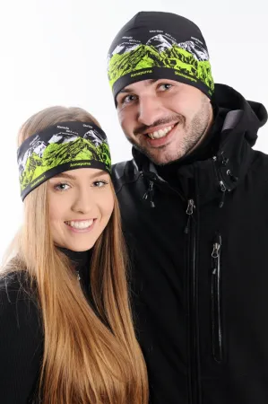 Sportovní outdoorový set UNISEX černá čepice a čelenka pro dámy i pány s potiskem hor - SVĚTOVÉ OSMITICÍCOVKY